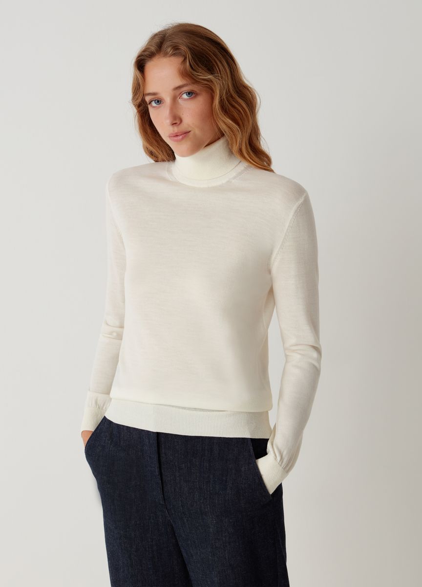 Eleganter elfenbeinfarbener Woll-Rollkragenpullover