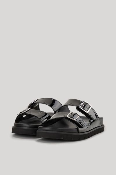 Schwarze Lackleder-Schnallen-Pantoletten