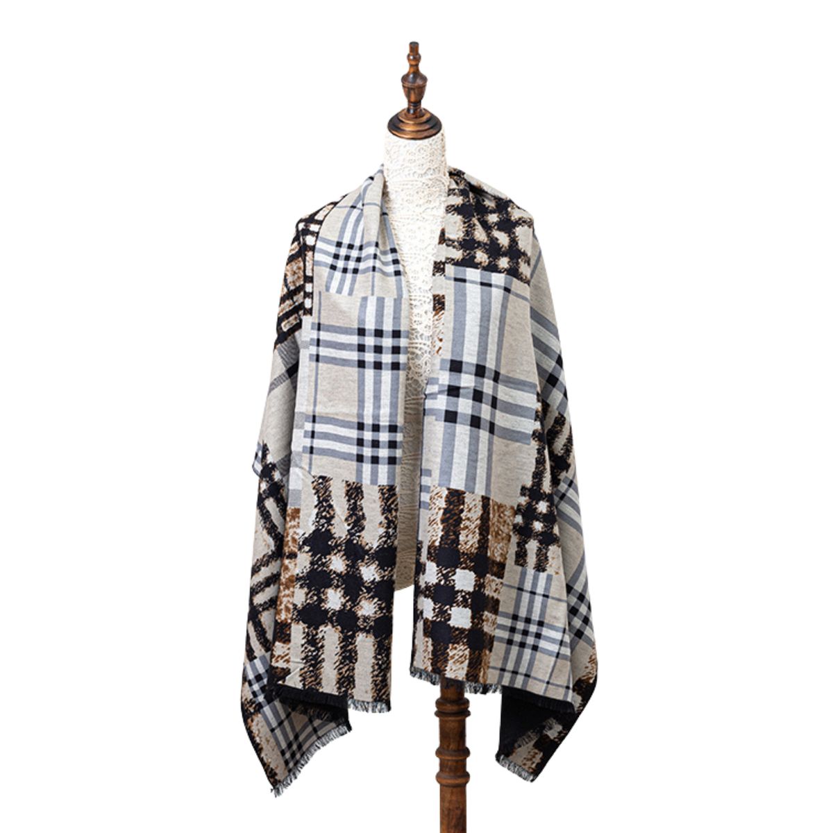 Brauner Patchwork-Plaid-Schal aus Seidenmischung