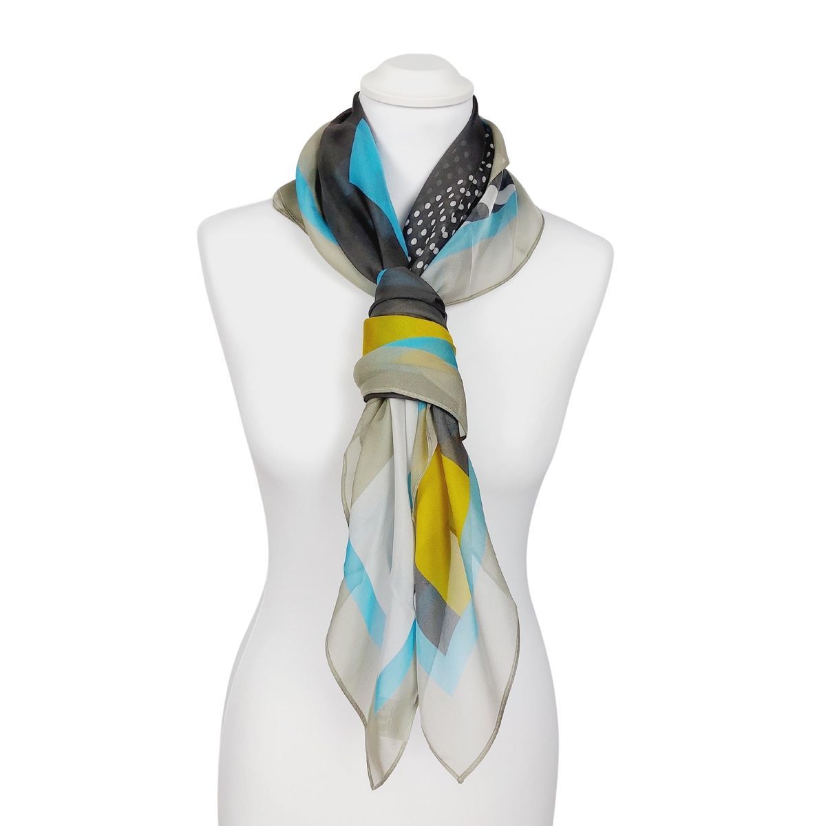 Grafischer Seidenschal in Blau und Gelb