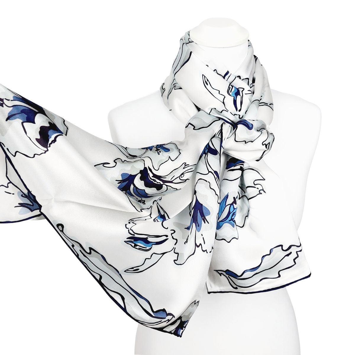 Seidenschal mit Blumenmuster Weiß Blau