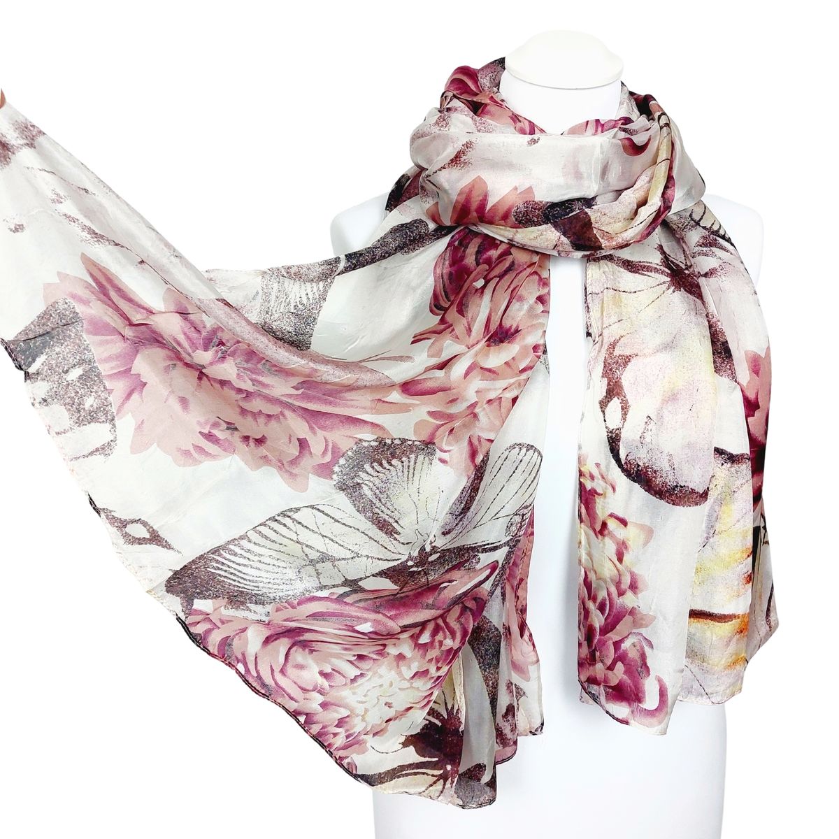 Seidenschal mit Floralprint und Schmetterling