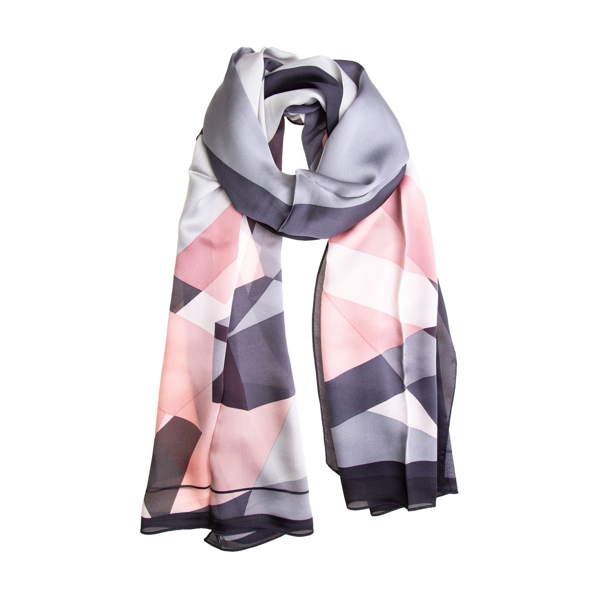 Geometrischer Satinschal in Rosa und Grau