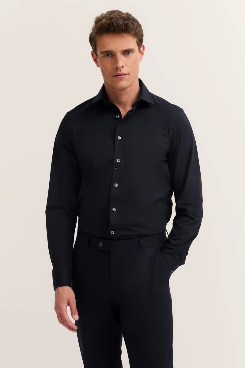 Marineblaues Jersey Stretch Langarmhemd