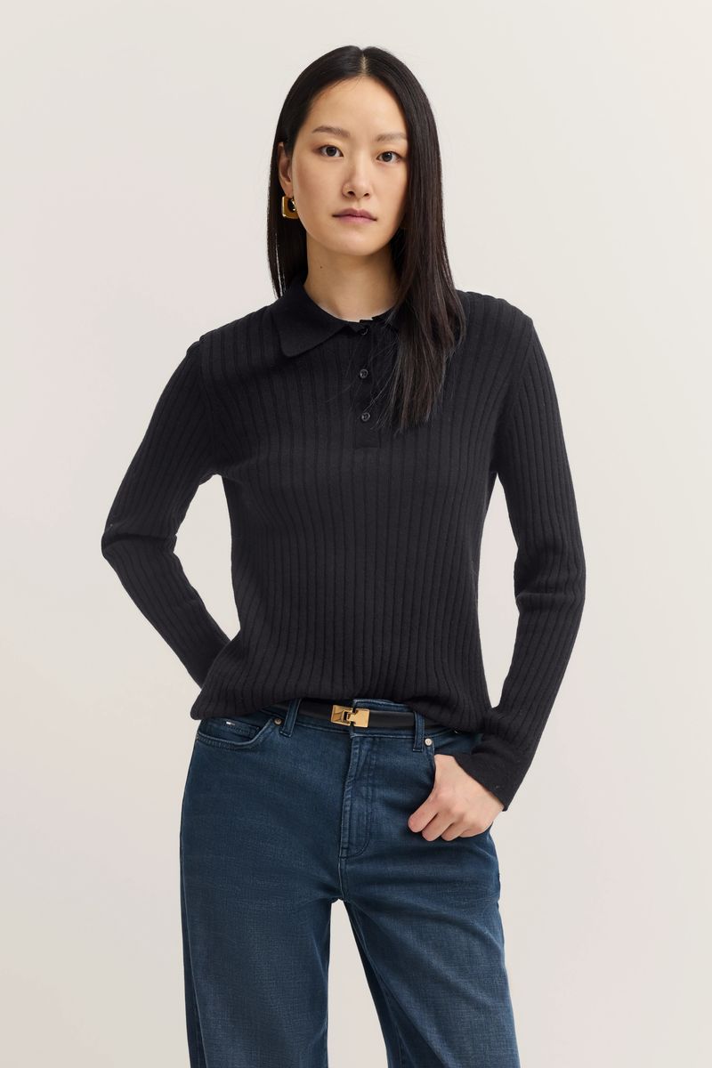 Geripptes Strickpolo-Shirt Kaschmirmischung