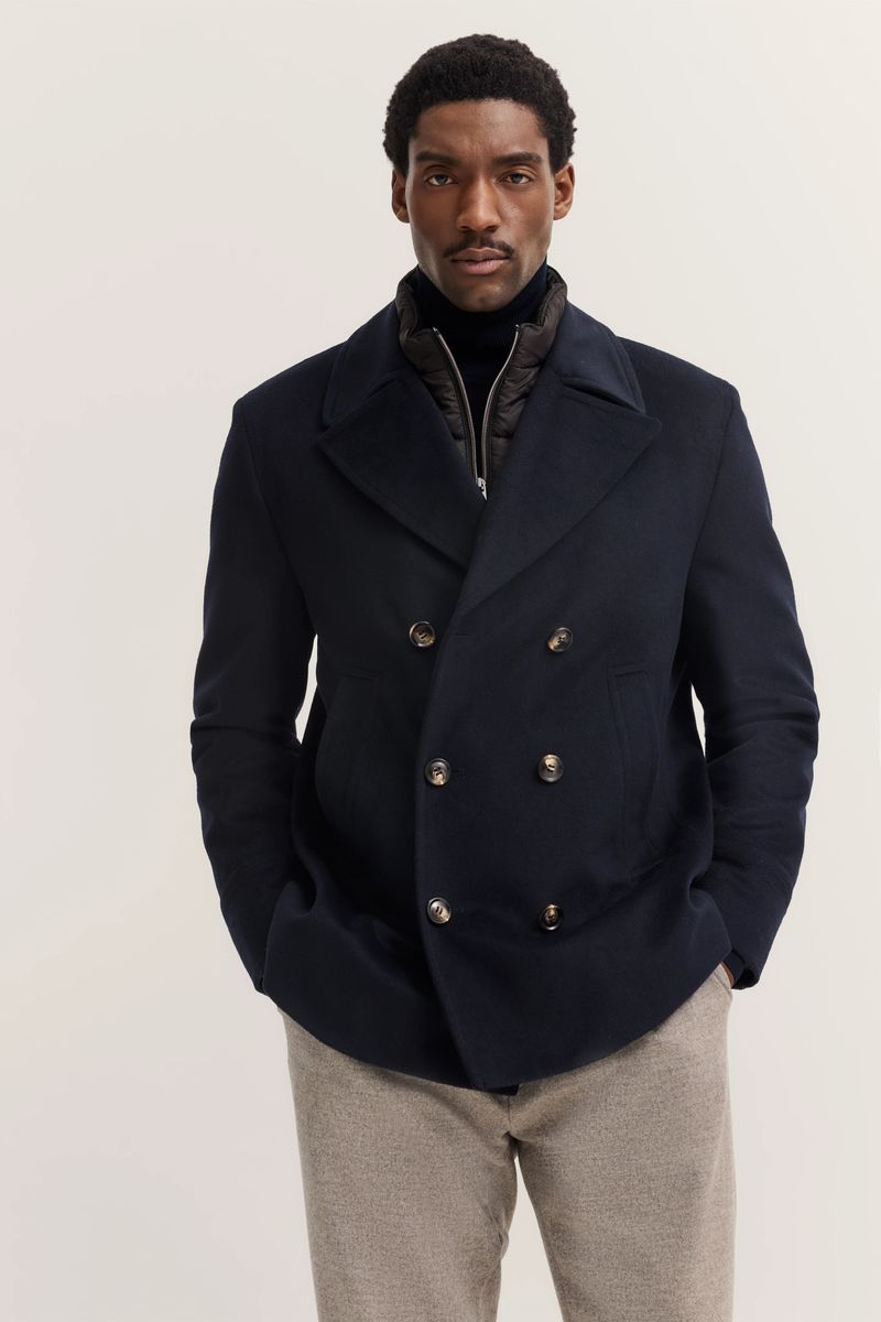 Marineblaue zweireihige Cabanjacke aus Wollmischung