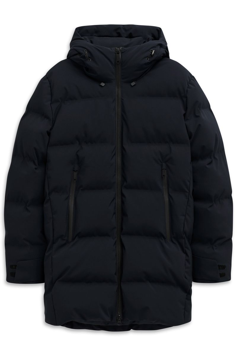 Marinefarbener, gesteppter Regenparka mit Kapuze