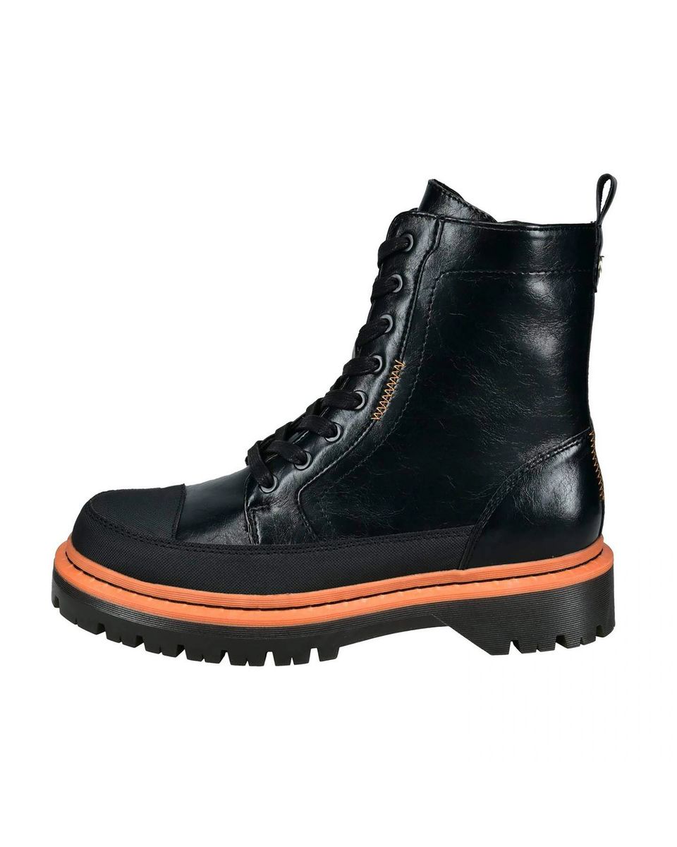 Schwarze Schnürstiefeletten mit orangefarbener Sohle