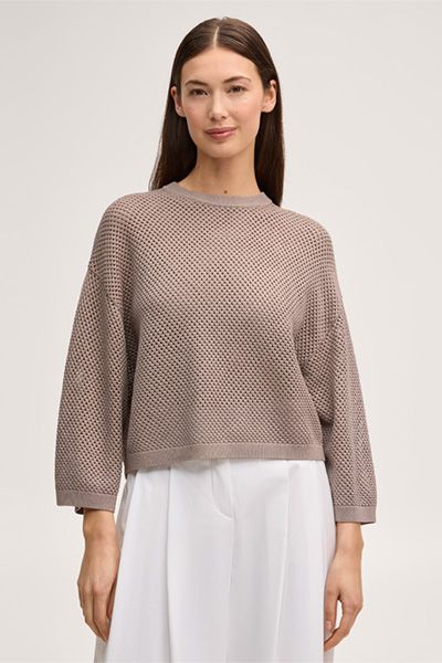 Taupefarbener Struktur-Pullover mit Ballonärmeln