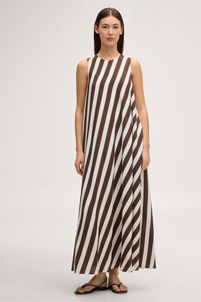 Gestreiftes Maxikleid aus Viskose-Leinenmix in Ecru-Dunkelbraun