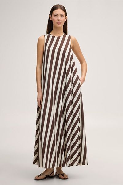 Gestreiftes Maxikleid aus Viskose-Leinenmix in Ecru-Dunkelbraun