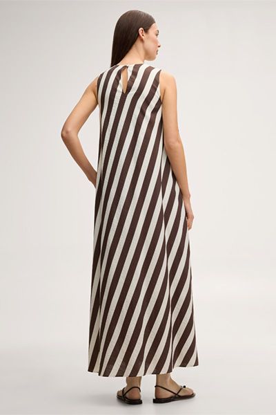 Gestreiftes Maxikleid aus Viskose-Leinenmix in Ecru-Dunkelbraun
