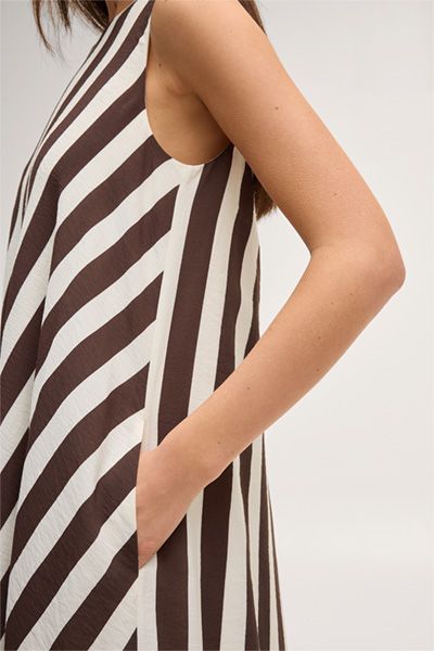 Gestreiftes Maxikleid aus Viskose-Leinenmix in Ecru-Dunkelbraun