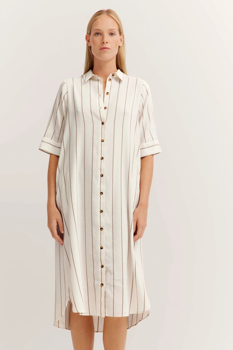 Gestreiftes Hemdblusenkleid aus Leinenmischung