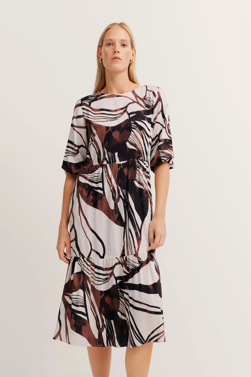 Abstraktes, gestuftes Midikleid mit Print