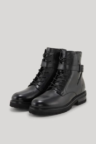 Joop! Schwarze Leder-Stiefeletten mit Schnalle und Kornblumenmuster