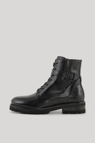 Joop! Schwarze Leder-Stiefeletten mit Schnalle und Kornblumenmuster