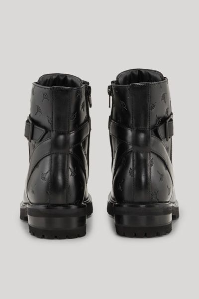 Joop! Schwarze Leder-Stiefeletten mit Schnalle und Kornblumenmuster