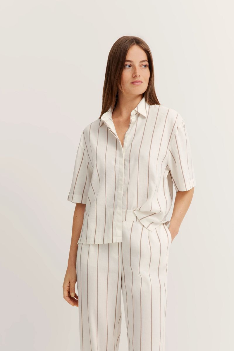 Gestreiftes Leinenmischung Kurzarmhemd