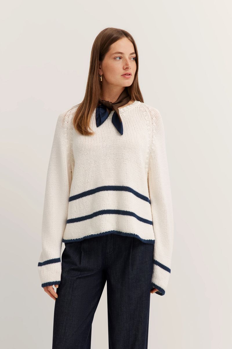 Gestreifter Rundhals-Pullover aus Baumwollmischung