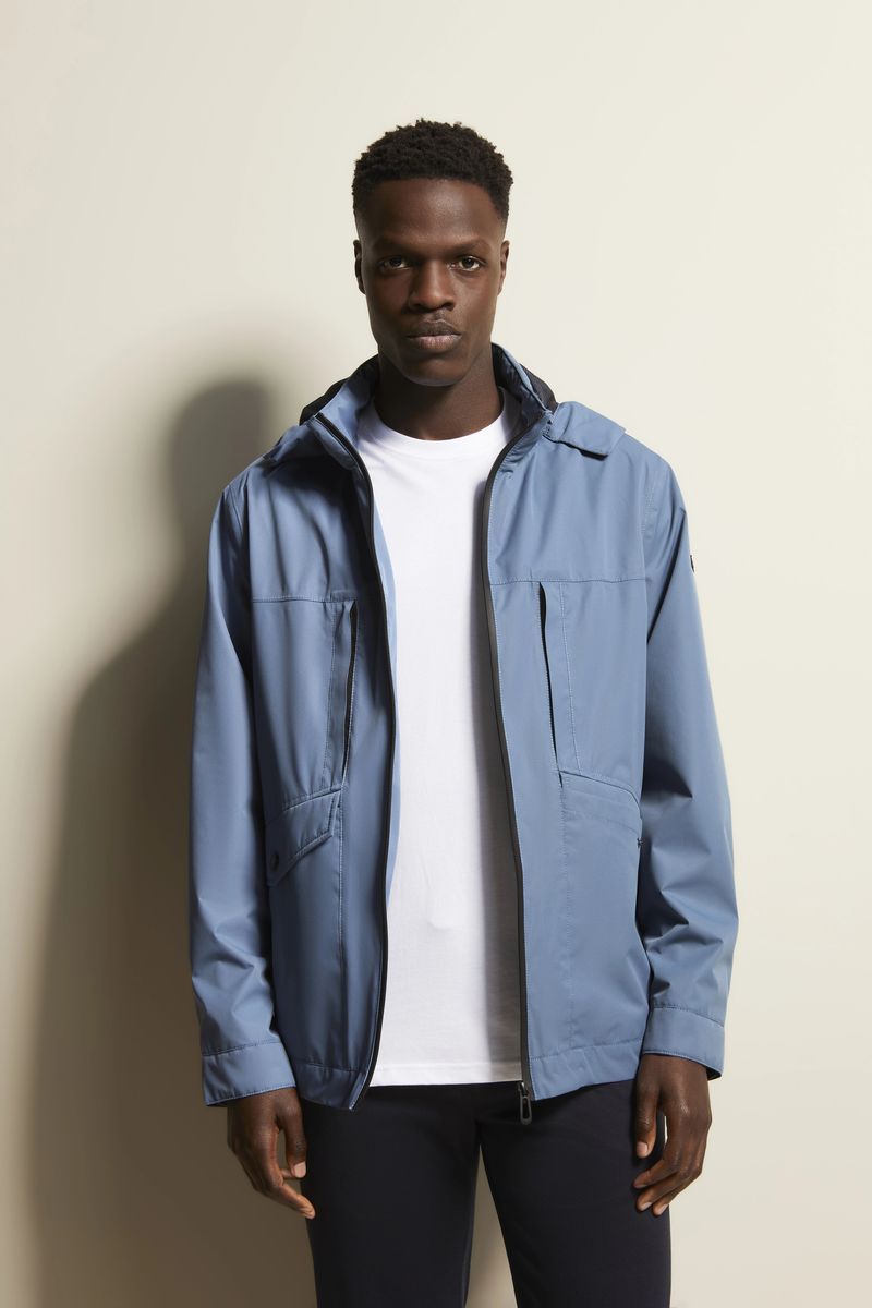 Blaugraue wasserdichte Regenjacke mit Kapuze