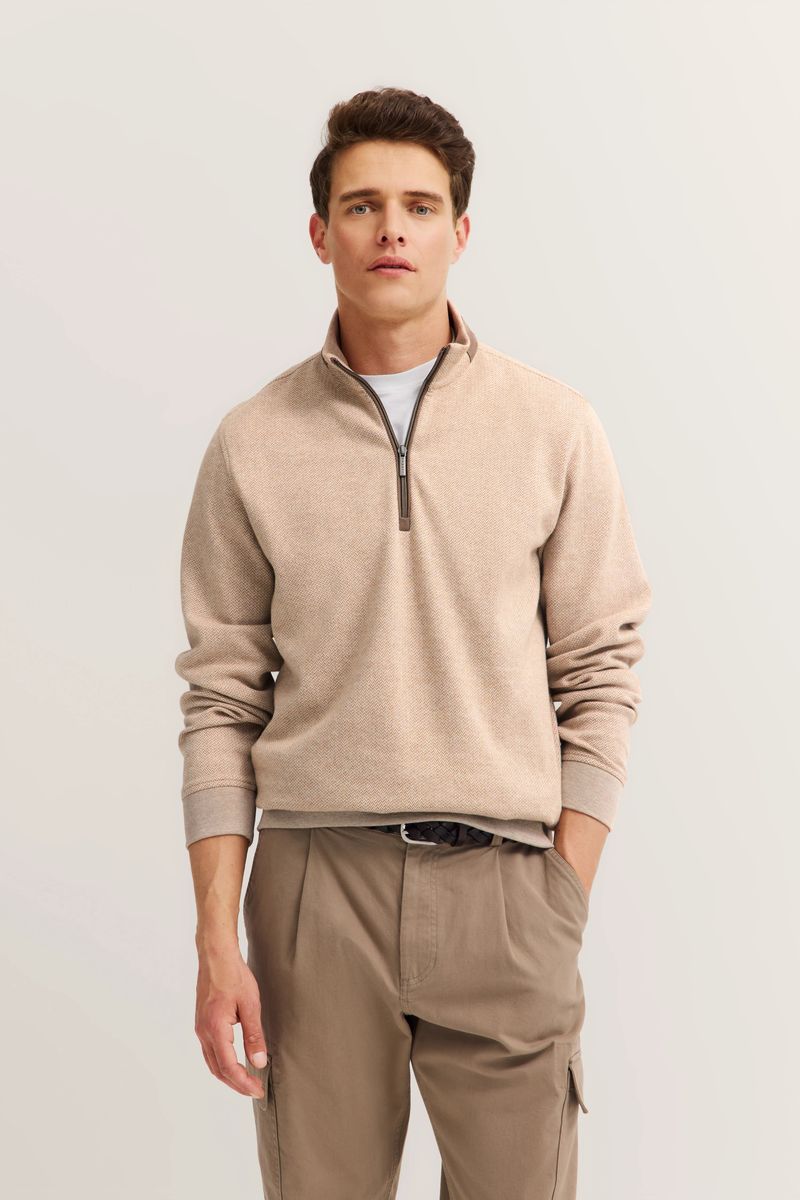 Modern Fit Beige Troyer mit halbem Reißverschluss