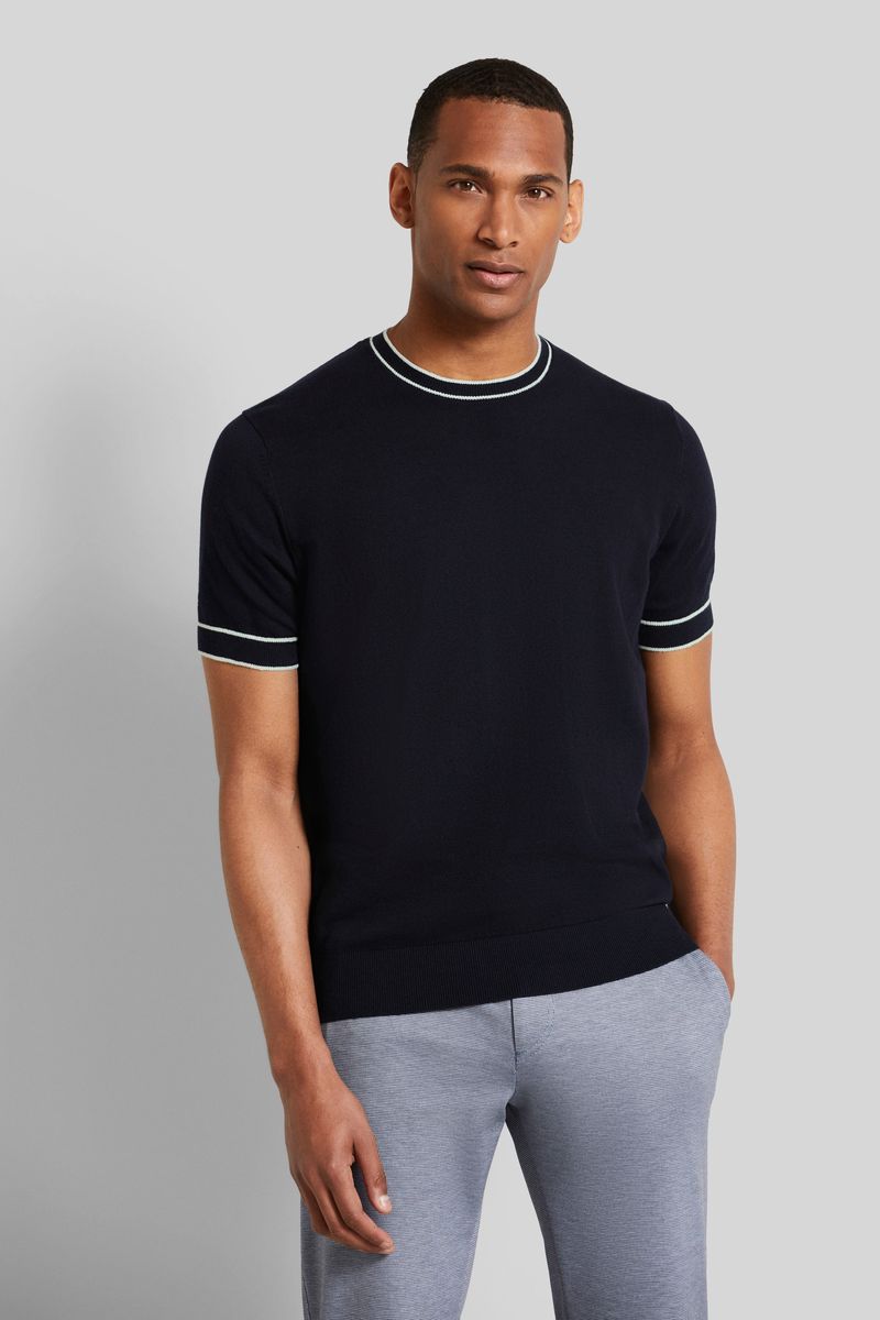 Marineblaues Strick-T-Shirt mit Kontrastbesatz