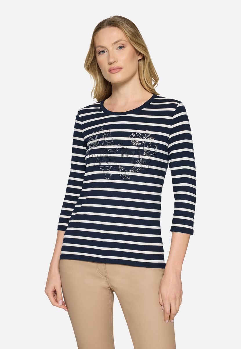 Gestreiftes Shirt mit 3/4-Ärmeln und Schmucksteinen