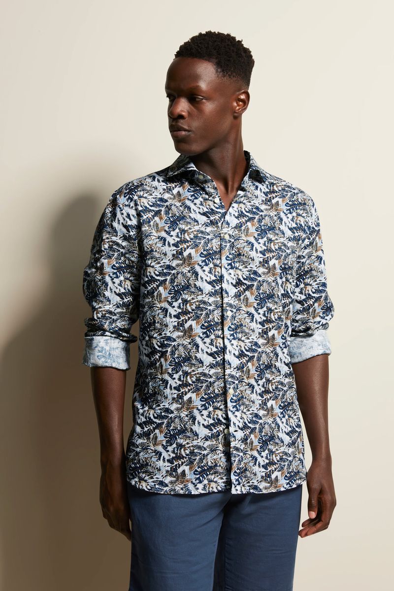 Leinenhemd mit Blumenmuster und Knopfleiste