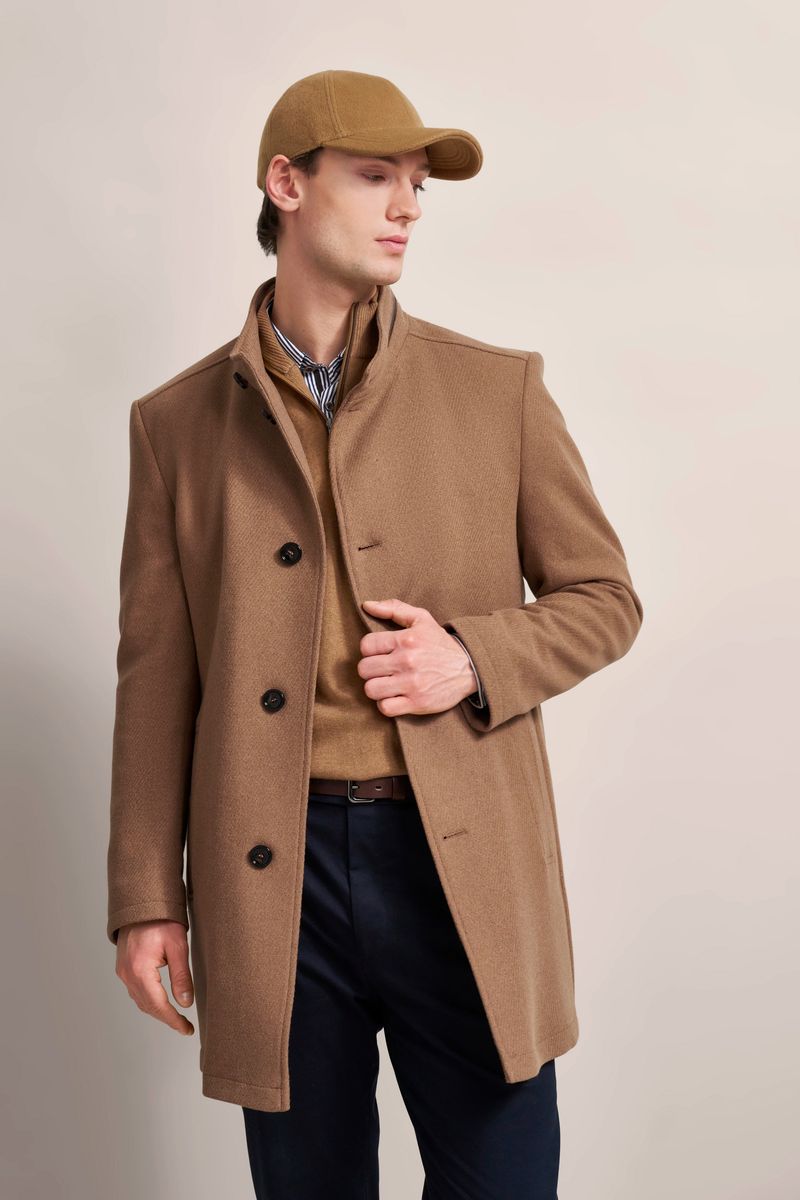 Eleganter taupefarbener Wollmischungs-Übermantel