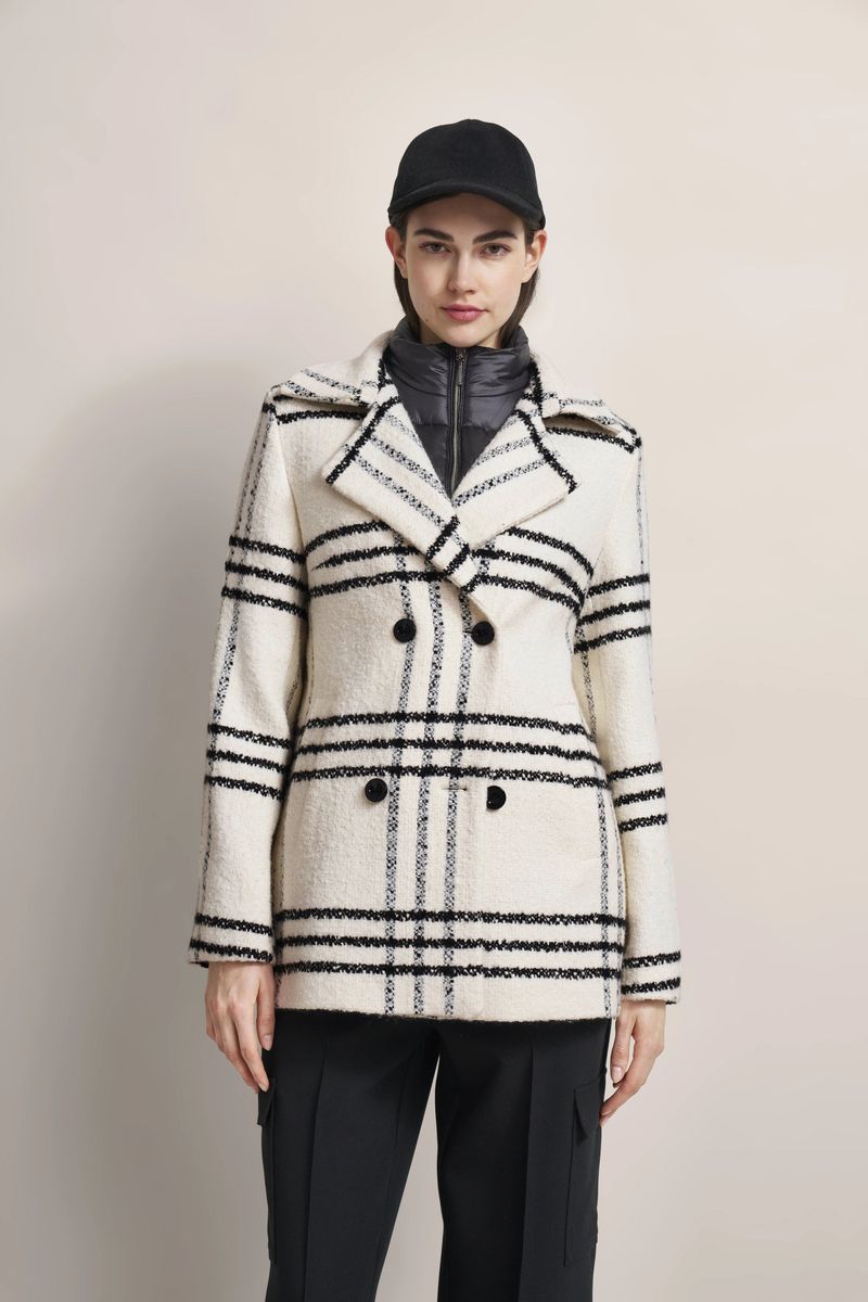 Ecru karierter Wollmischungs-Cabanjacke