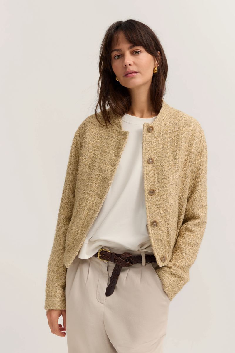 Beige Bouclé Blouson Jacke mit Rundhalsausschnitt