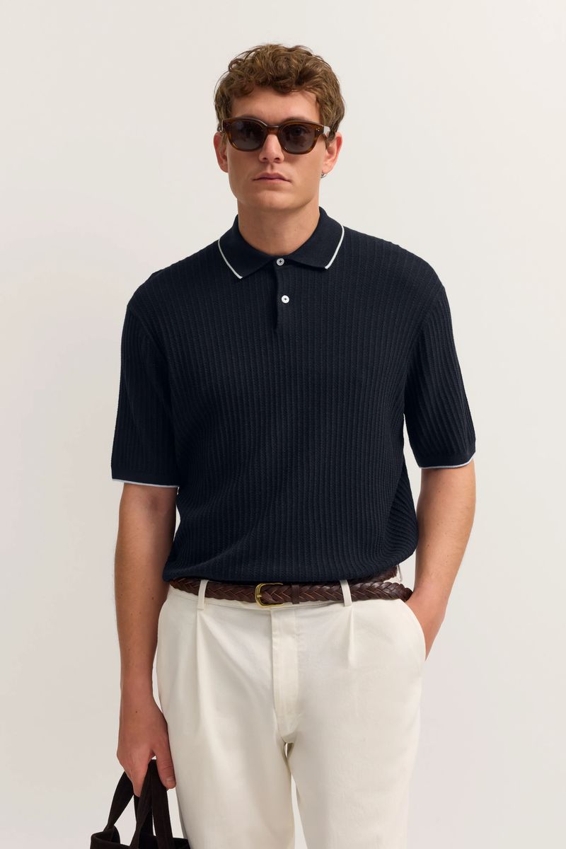 Strukturiertes Strick-Poloshirt mit Kontrastbesatz