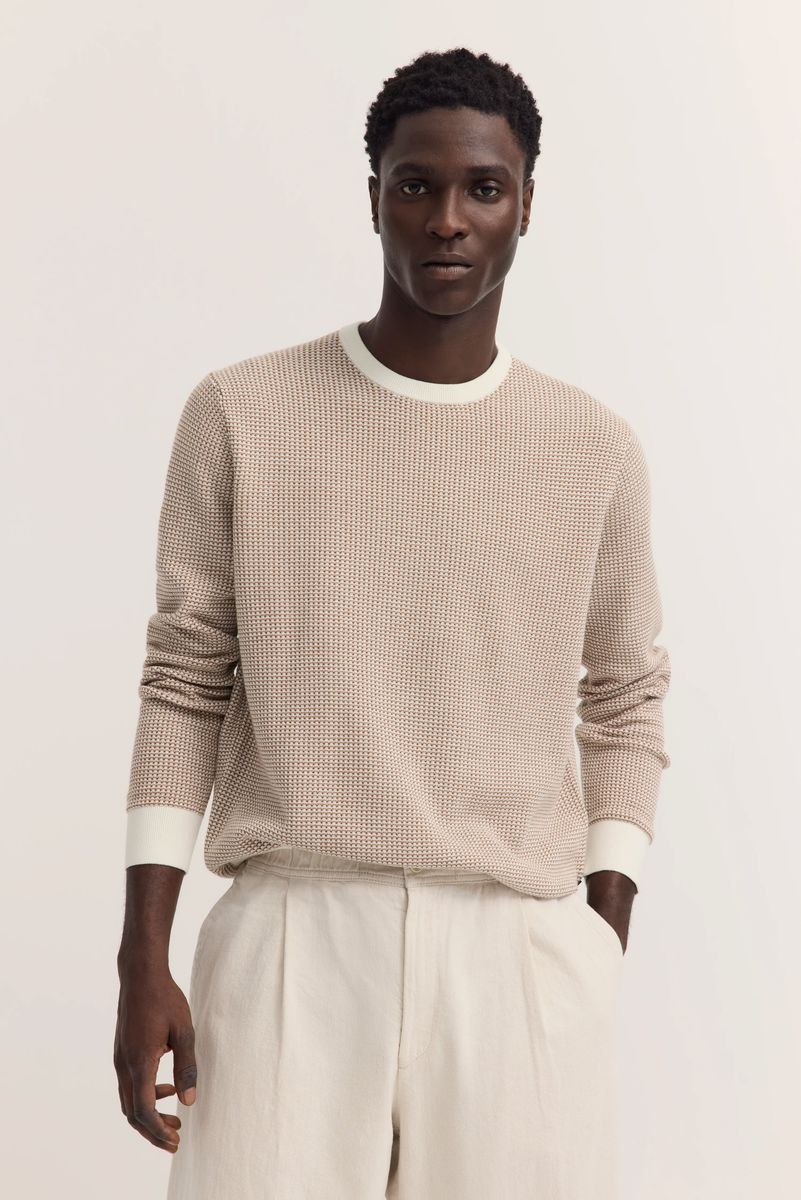 Strukturierter Baumwollstrick Pullover mit Rundhalsausschnitt
