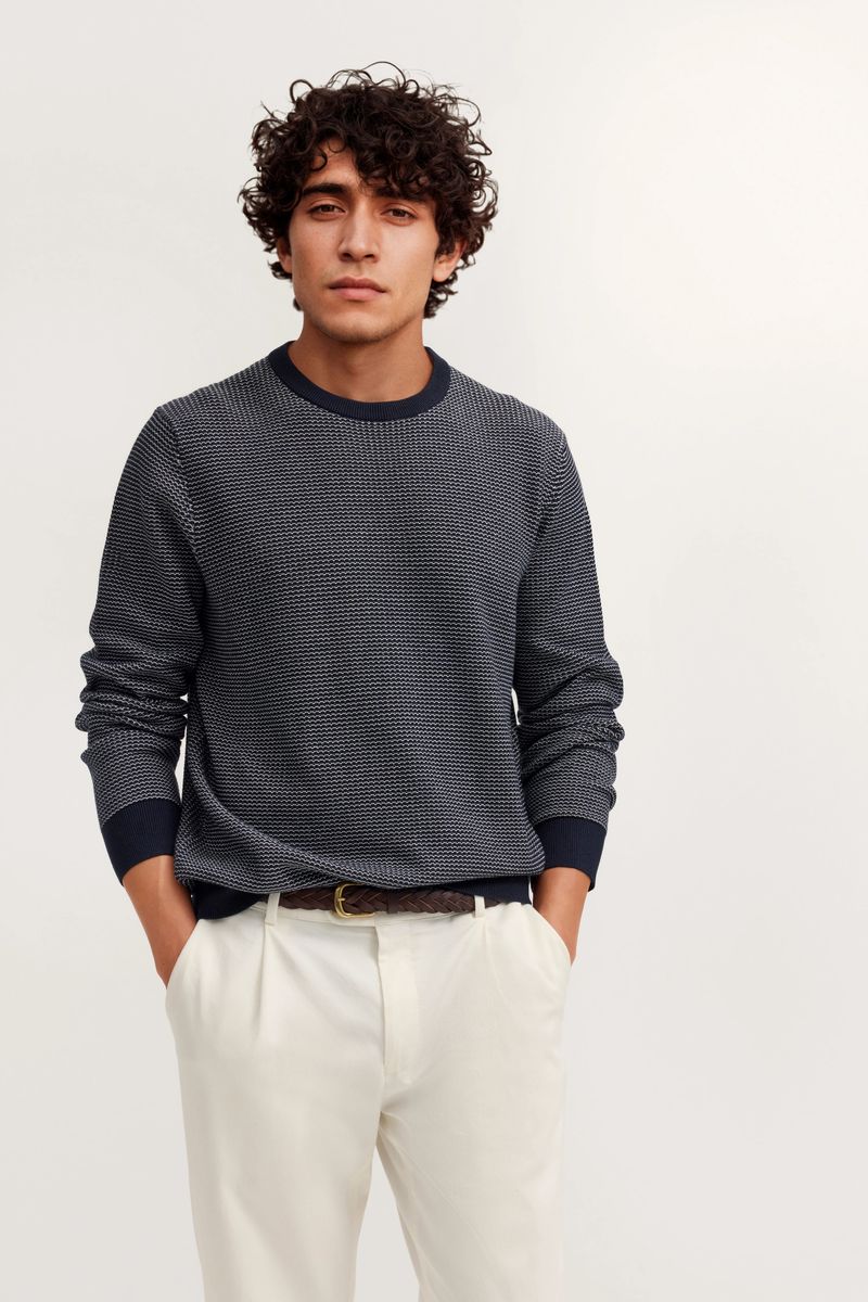Baumwollpullover mit Struktur und Rundhalsausschnitt