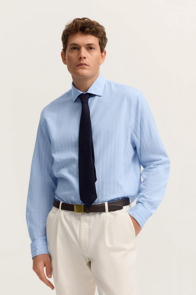 Hellblaues gestreiftes Tencel-Leinenhemd