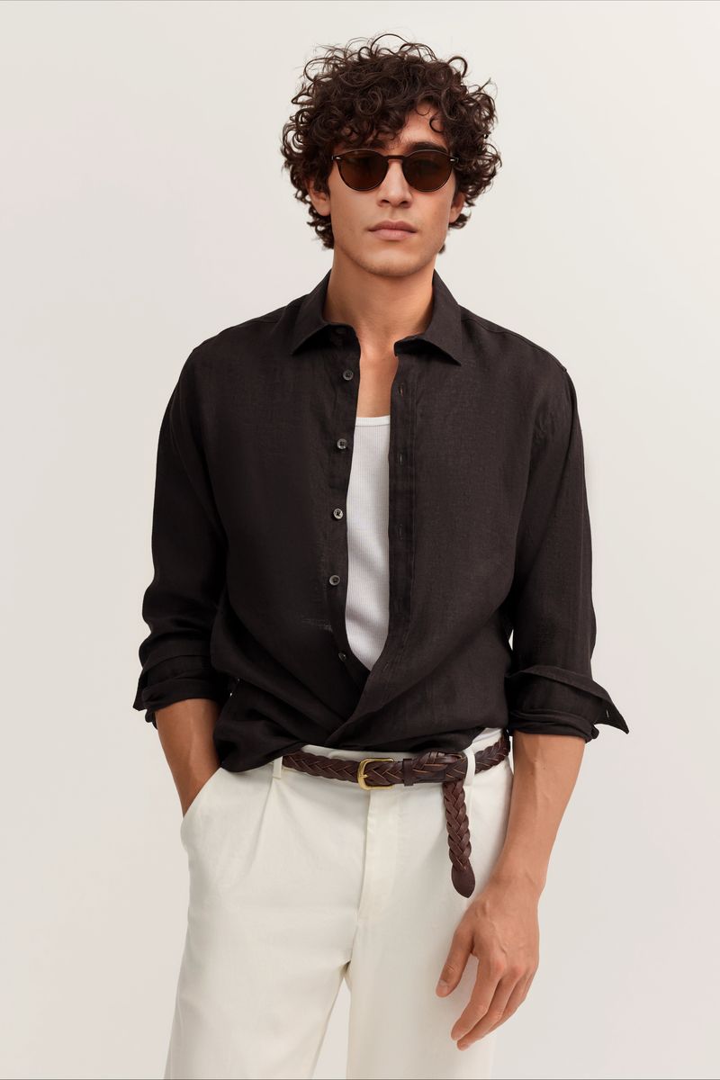 Modern Fit Leinen Langarmhemd