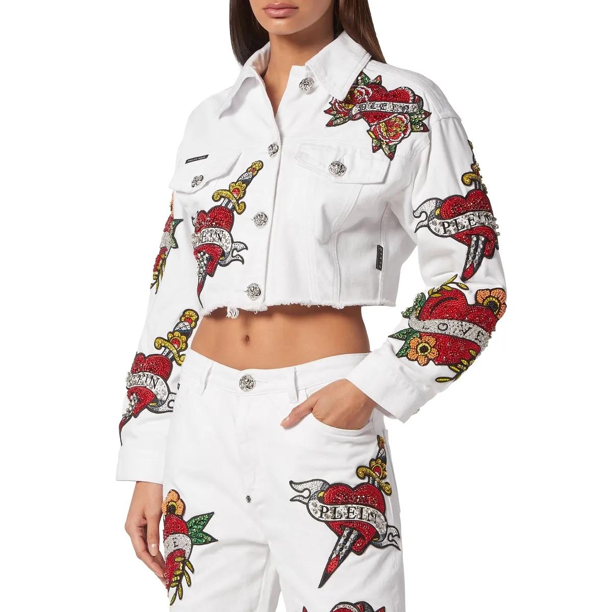 Philipp Plein - Jeansjacke Love Mit Schmucksteinen - Größe L - weiß