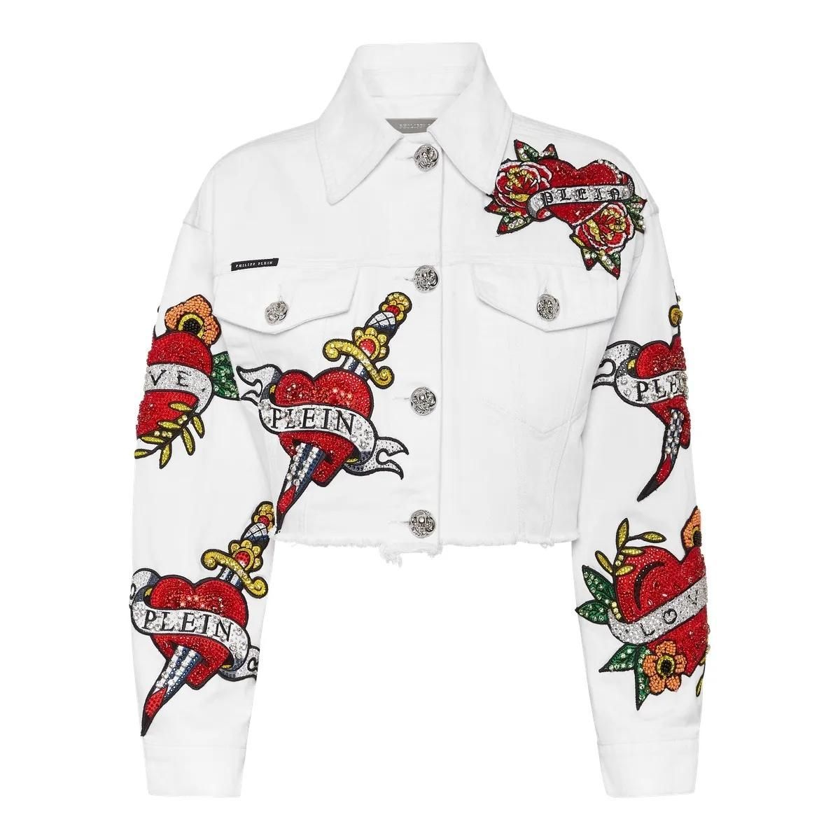 Philipp Plein - Jeansjacke Love Mit Schmucksteinen - Größe L - weiß