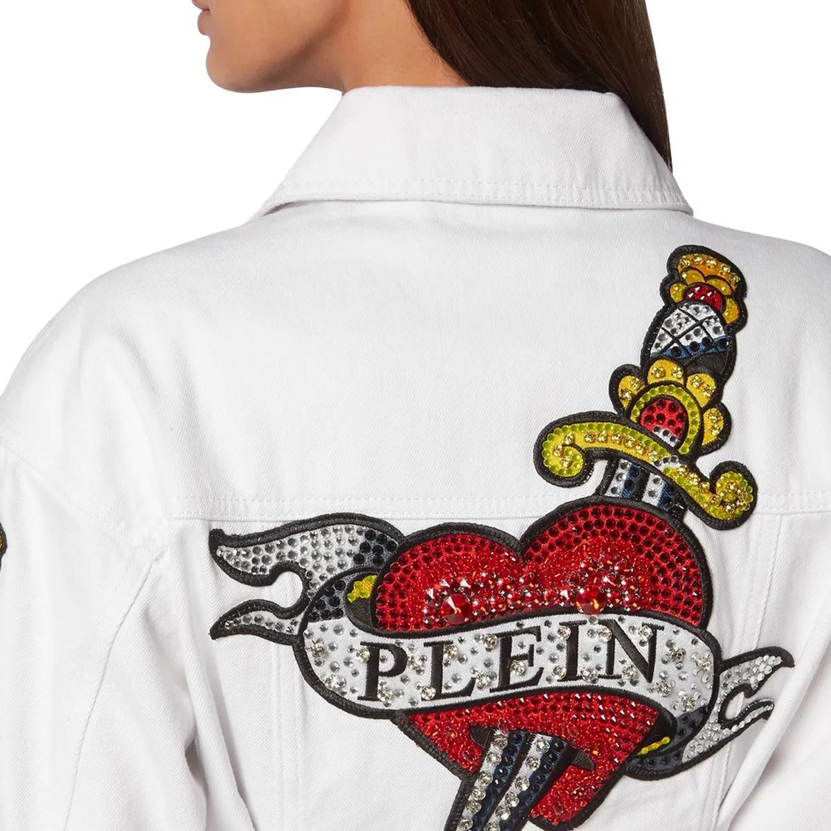 Philipp Plein - Jeansjacke Love Mit Schmucksteinen - Größe L - weiß