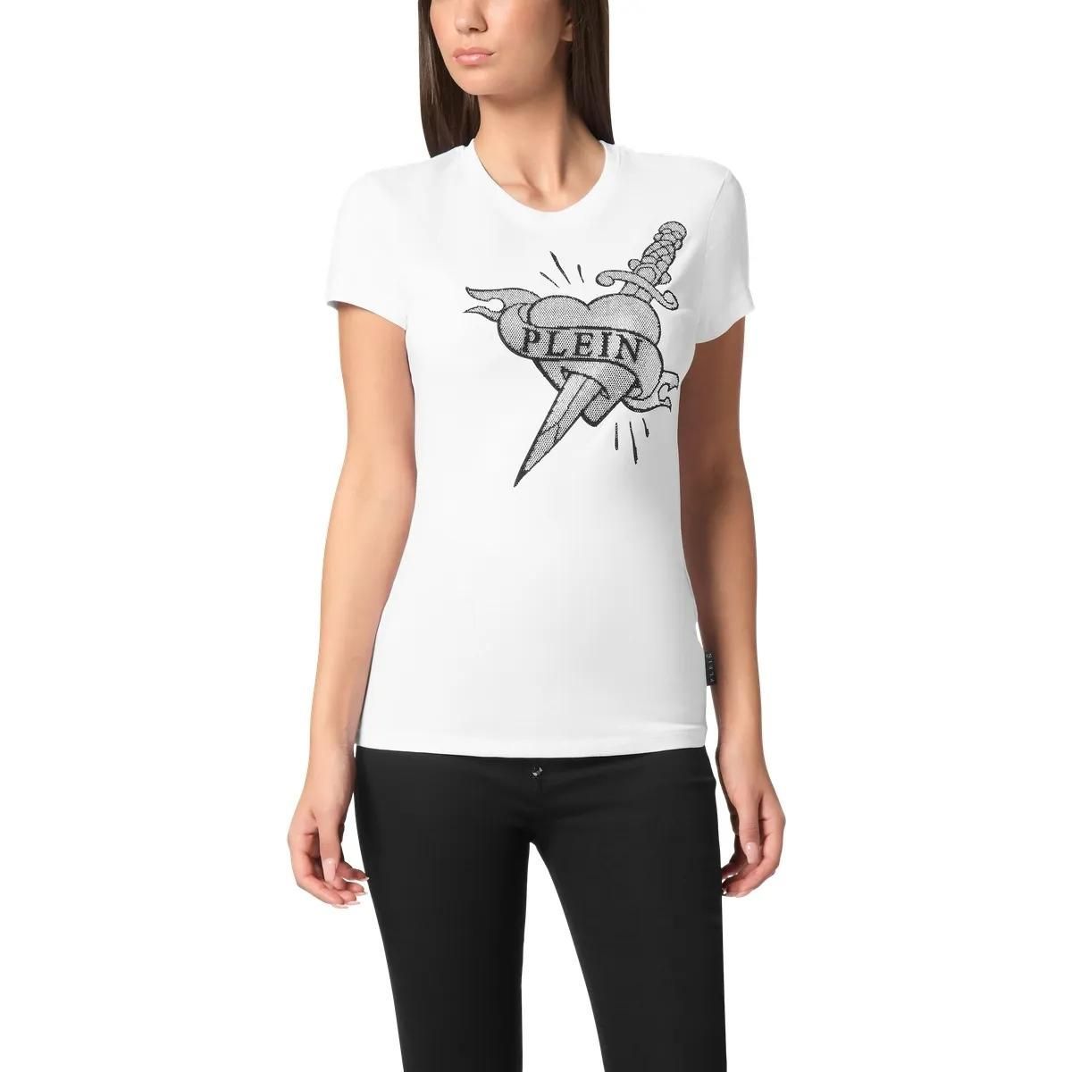 Philipp Plein - T-Shirt Slim Fit Love Mit Schmucksteinen - Größe L - weiß