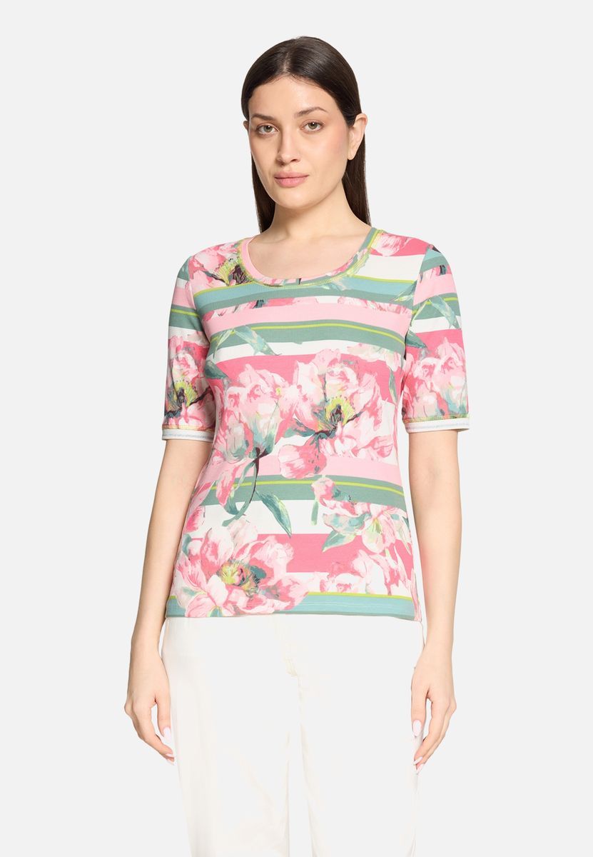 Floral gestreiftes geripptes Strick-T-Shirt