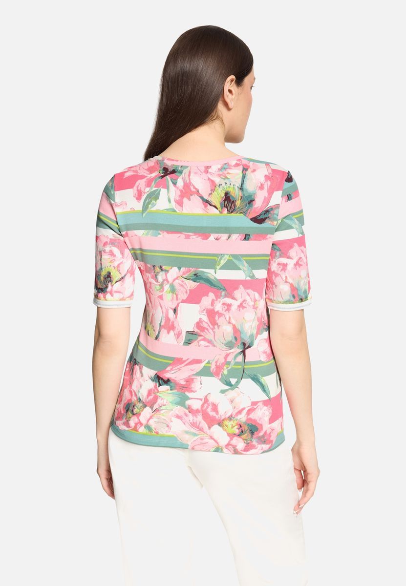Floral gestreiftes geripptes Strick-T-Shirt