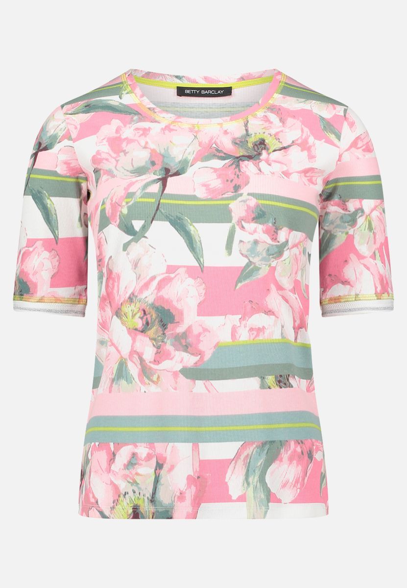Floral gestreiftes geripptes Strick-T-Shirt