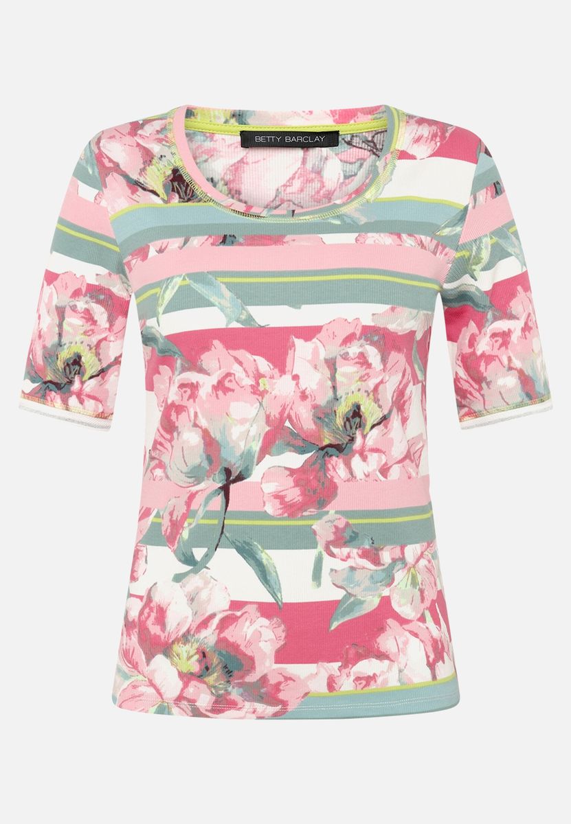 Floral gestreiftes geripptes Strick-T-Shirt
