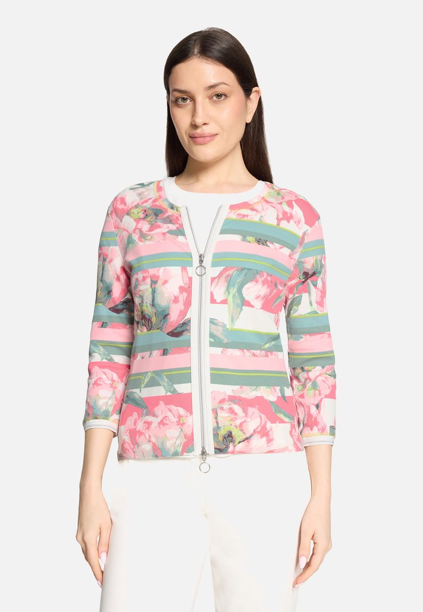 Florale Ripp-Shirtjacke mit Reißverschluss