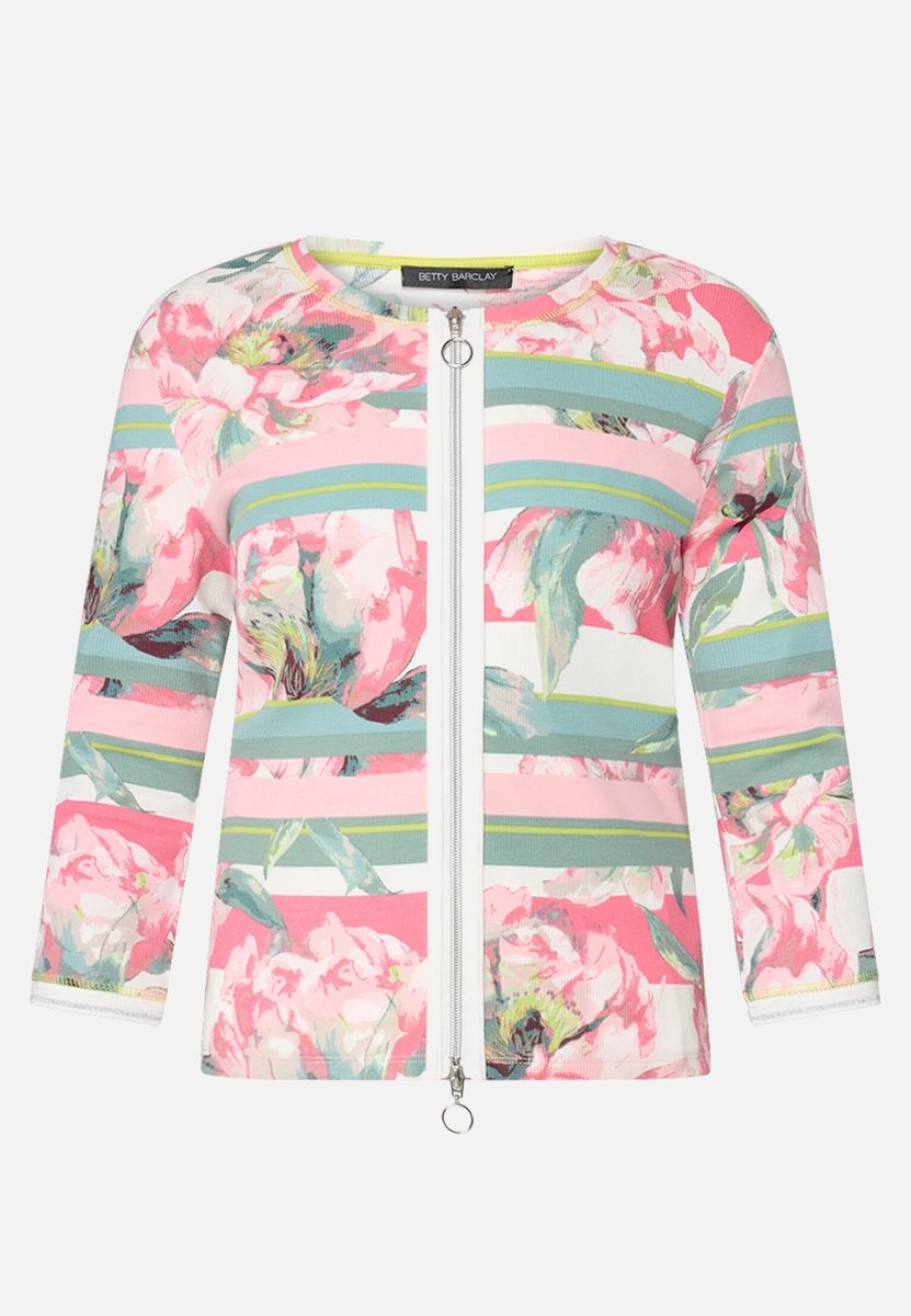 Florale Ripp-Shirtjacke mit Reißverschluss