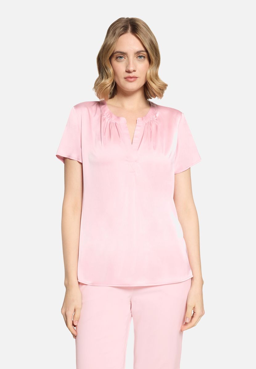Kurzärmelige Satinbluse mit V-Ausschnitt