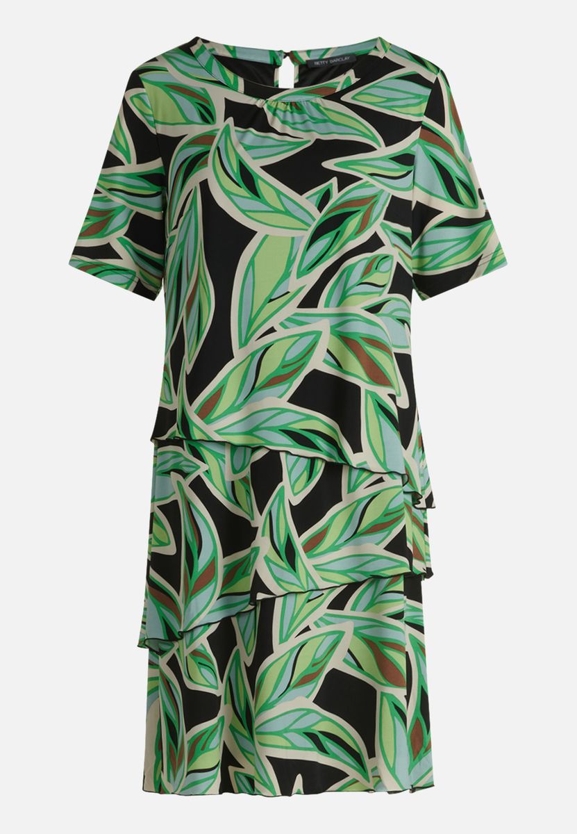 Stufenkleid mit Blätterprint und kurzen Ärmeln