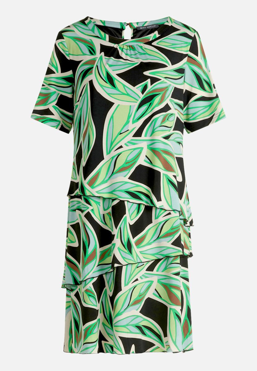 Stufenkleid mit Blätterprint und kurzen Ärmeln
